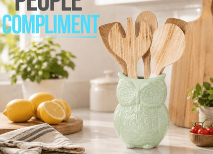 Comfify Sage Green Owl Utensil Holder – Decorative Ceramic Kitchen Crock