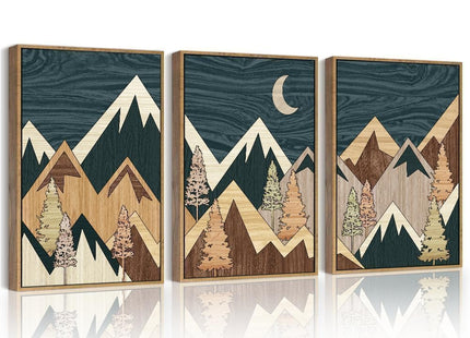PHOPAGO Morden Mountains Framed Wall Art Boho Woodcut Pine Tree Forest Nature Landscape Artwork Bohemain Farmhouse Rustic Bedroom Home Decor - 12x16in Natural Framed