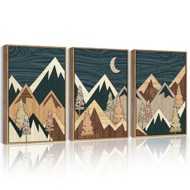 PHOPAGO Morden Mountains Framed Wall Art Boho Woodcut Pine Tree Forest Nature Landscape Artwork Bohemain Farmhouse Rustic Bedroom Home Decor - 12x16in Natural Framed