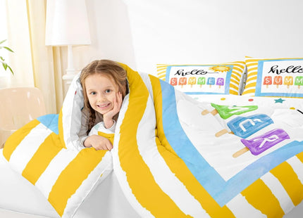 Erosebridal Kids Summer Beach Comforter Set Twin, Yellow Stripes Bedding Set for Girls Boys Teens Women Men Bedroom, Summer Funny Geometric Comforter, Sun Colorful Ice Cream Popsicle Quilt