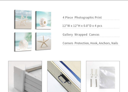 ARTISTIC PATH Beach Seashell Picture Canvas Wall Art, 12"x12"x4 PCS