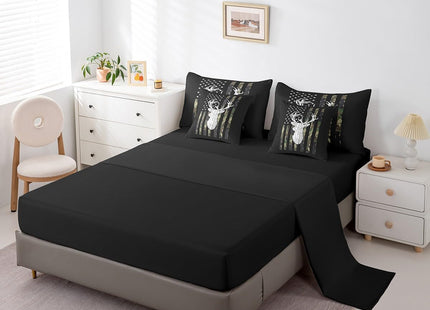 Erosebridal 7 Piece Deer Camo Queen Comforter Set with Sheets Hunting Camouflage American Flag Bed in A Bag | for Kids Boys Men Rustic Farmhouse Cabin Bedding Sets Army Green Black Western Bed Set