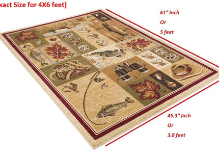 HR Cabin Rug Cabin Area Rug Modern Geometric Design Cabin Area Rug Abstract, Beige/Multicolor Design– Fishing Equipment/Hook/Fish/Duck