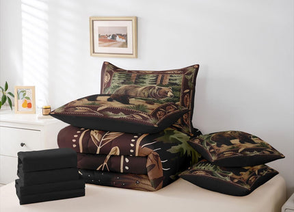 Erosebridal Rustic 7 Piece Comforter Set Queen | Farmhouse Cabin Bear Bed in A Bag Jungle Hunting Wild Animal Sheet Set Breathable Lightweight Brown Countryside Fitted Sheet Reversible