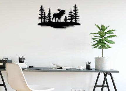 Moose Forest Landscape Metal Wall Art Metal Outdoor Decor Metal Signs Rustic Farmhouse Wall Art Decor Exquisite Home Decoration for Living Room Bedroom Cabin Lodge (Black,32inch)