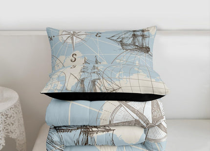 Erosebridal Nautical Comforter Set King, Vinatge Sailboat Bedding Set Room Decor, White Blue World Map Sketch Down Comforter, Retro Anchor Compass Quilt Set, Yacht Ship Bedding Comforter Sets, 3Pcs