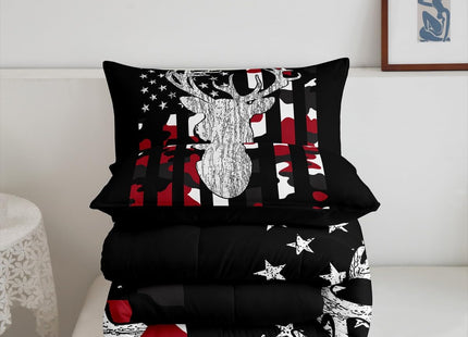 Camo Deer Comforter Set Queen Red Black Camouflage American Flag Bedding Set For Teen Boys Kid,Western Hunting Antler Bedding Comforter Sets Woodland Animal Quilt Set Rustic Farmhouse Room Decor 3 Pcs