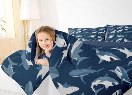 Boys Shark Bedding Set Ocean Sealife Comforter Set for Kids Youth Teens,Under Sea Marine Life Duvet Insert,Underwater World Creature Bed Quilt,Nautical Sea Animal Bedroom Decor Full Size Navy Blue