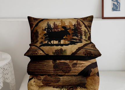 Homewish Moose Cabin Bedding Set,Retro Brown Wooden Stripes Farmhouse Comforter Set for Kids Teens Adults,Pine Cones Trees Wild Animal Paw Print Quilted Comforter with 2 Pillowcases Queen Size 3 Pcs