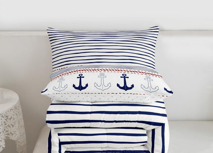 Boys Geometric Striped Bedding Set Navy Blue Anchor Comforter Set Twin Size Nautical Themed Quilted Duvet 2pcs for Kids Teens Men Adults Room Decor Sea Adventure Duvet Insert White,1 Pillowcase