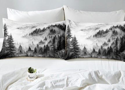 Erosebridal Black Gray Misty Forest Duvet Cover King Grey White Foggy Mountain Bedding Set Rustic Woodland Pine Trees Comforter Cover for Kids Teen Adults,Watercolor Nature Theme Bed Set