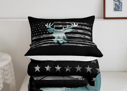 Feelyou Camo Hunting Bedding Set - Twin Size, Forest Smoky Deer Comforter, American Flag Duvet Set with 1 Pillow Case