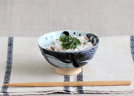 Minoru Touki White Wave Whale Blue Ceramic Rice Bowl Small φ4.72×H2.4in 5.64oz Made in Japan