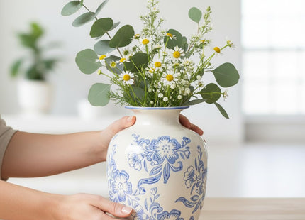 Wancetang Blue and White Chinoiserie Vase for Home Decor- 7 Inch Ceramic Floral Vase for Pampas Grass, Night Stand, Coastal, Kitchen Island, Dining Table Decor
