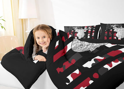 Camo Deer Comforter Set Queen Red Black Camouflage American Flag Bedding Set For Teen Boys Kid,Western Hunting Antler Bedding Comforter Sets Woodland Animal Quilt Set Rustic Farmhouse Room Decor 3 Pcs