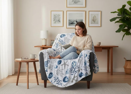 Nautical Coastal Fleece Throw Blanket, Blue Grey White, 50x70, Oversized