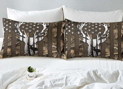 Rustic Wild Deer Fitted Sheet,Deer Antlers Animal Hunting Cabin Decor Bedding Set for Teens Men,Brown Camo Stripes Stars American Flag All-Round Deep Pocket Bed Sheet, Full Size (No Top Sheet)