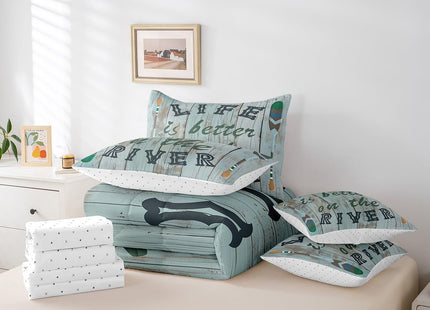 Castle Fairy Lake Life Kids Comforter Set 7 Piece Queen Size,Life is Better On The River Theme Reversible Quilt Set,Paddle Print Rustic Wooden Board Bedding Set with Comforter,Sheet,Pillowcase