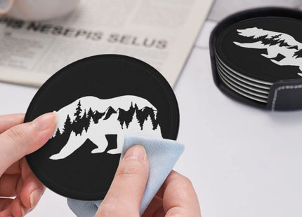 Niukom 6 Pcs Hiking Bear Mountains Camper Leather Coasters for Drinks with Holder Coaster Sets Drink Table Cup Coasters for Living Room Kitchen Coffee Decor