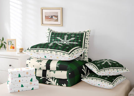 Erosebridal Rustic Plaid Snowflake 7 Piece Comforter Set Twin Green Black Christmas Bed in A Bag with Sheets Farmhouse Buffalo Checkered Bedding Set for Kids Adults,Winter Holiday Cabin Bed Set