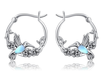 Vintage Hummingbird Moonstone Hoop Earrings 925 Sterling Silver Hummingbird with Moonstone Hoop Earrings for Women Gifts
