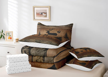 Manfei Rustic Deer Comforter Set 7 Pieces, Wild Animal Theme Bed Set for Boys Adults, Brown Wooden Plank Bedding Twin with 1 Comforter,1 Fitted Sheet,1 Flat Sheet,2 Pillowcases,2 Throw Pillow Cover