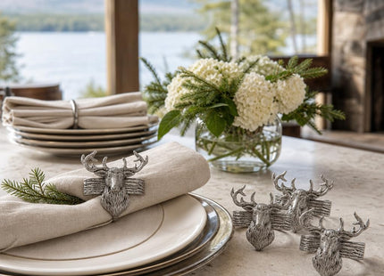 Arthur Court Elk Head Napkin Rings - Rustic Metal Set of 4 for Lodge Decor, Thanksgiving & Holiday Dining