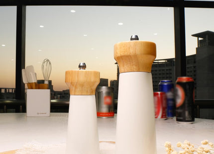 Wooden Salt and Pepper Grinder Set, Sustainable Cherry Wood, Elegant Lighthouse Sea Salt Grinder and Black Pepper Mill Set for Seasoning, Cooking, Dining -By Tessie & Jessie (6“+8”)