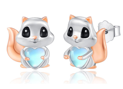 Dreamboat Squirrel Stud Earrings for Women 925 Sterling Silver Hypoallergenic Moonstone Squirrel Animal Jewelry Gifts for Sensitive Ears