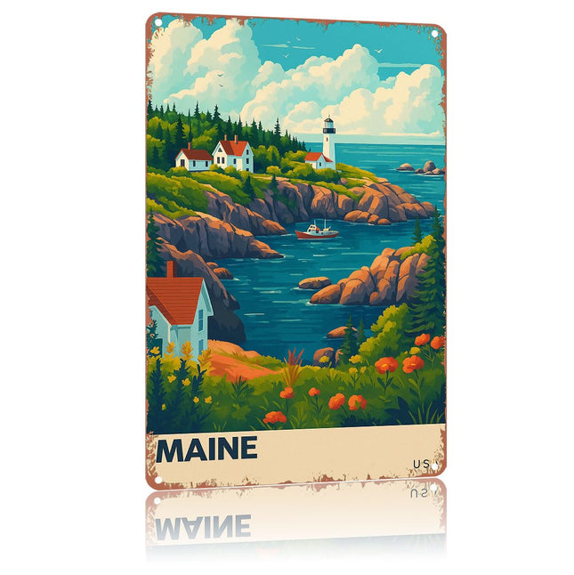 Maine Travel metal sign United States Aluminum signs Vintage Scenery Poster Wall decoration suitable for bedroom, living room, bar, dining room, kitchen, fence and guardrail，8x12Inch