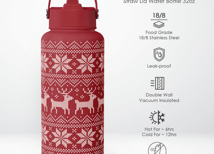 Stainless Steel Water Bottle 32 Ounces with Lid & Straw, Sport Insulated Bottles for Girls Women (Xmas Reindeer Pattern)