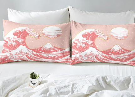 Feelyou Japanese Wave Bedding Set Full Size - Ocean Wave Comforter Cover Set for Kids, Boys, Girls, Teens - Ukiyoe Theme Home Decor Duvet Cover - Pink Japanese-Style Bedspread Cover
