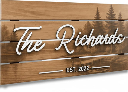 Personalized 3D Rustic Lakeside Cabin Sign - Custom Wood Last Name & Established Date Sign | Farmhouse Lake Decor Wedding Gift | Fisher & Outdoors Theme 28x13" (Large)