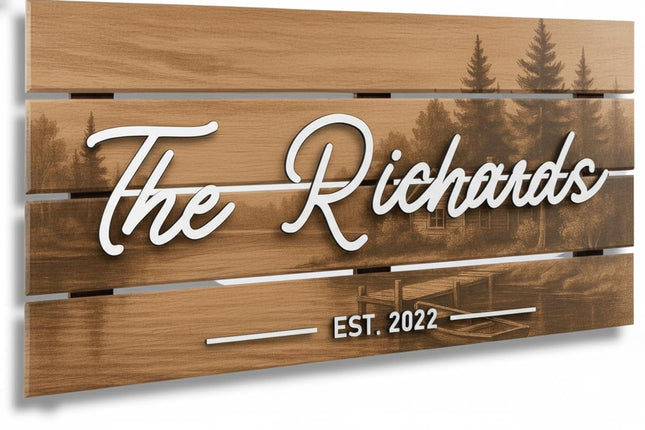Personalized 3D Rustic Lakeside Cabin Sign - Custom Wood Last Name & Established Date Sign | Farmhouse Lake Decor Wedding Gift | Fisher & Outdoors Theme 28x13" (Large)
