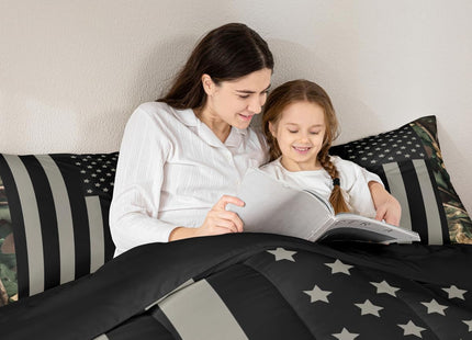 Camo American Flag Comforter Set Twin Woodland Military Hunting Bedding Set Army Green Tree Branch Camouflage Comforter for Boys Teens Adults Men,Grey Black USA Striped Flag Bedding Quilted 2 Pcs