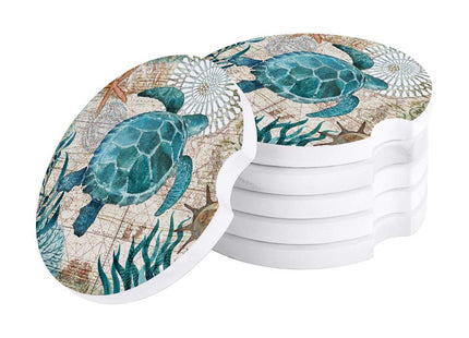 Car Drinks Coasters Set of 2 Pack Sea Turtle Ocean Animal Nautical Themed Absorbent Ceramic Stone Retro Coaster with A Finger Notch for Easy Removal from Auto Cupholder