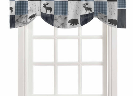 Retro Countryside Bear Moose Tie Up Curtain Valance for Windows/Living Room/Kitchen/Bathroom Farmhouse, Grey Blue Buffalo Plaid Short Rod Pocket Rustic Cabin Curtain Window Treatment, 1 Panel 54x18