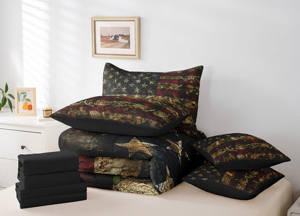 Erosebridal American Flag Bed in A Bag Rustic Woodland Camo Bedding Set Tree Camouflage Hunting Twin Comforter Set with Sheets 7 Piece for Boys Teen Men,Farmhouse Cabin Lodge Bed Set