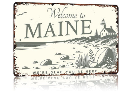 Welcome Maine Coastal Vintage Aluminum Metal Sign 12x8 Inch