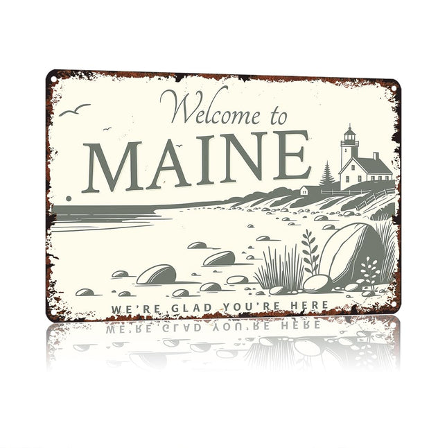 Welcome Maine Coastal Vintage Aluminum Metal Sign 12x8 Inch