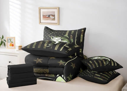 Erosebridal Bass Fish Comforter Set with Sheets (7 Pieces,Twin Size) - Army Green American Flag Bedding Set for Kids Boys Teens Men Hunting Fishing Bed in A Bag Big Pike Fish Bedding Collections