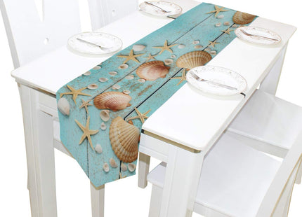 Double-Sided Ocean Theme Seashell Starfish Blue Wooden Table Runner 13 x 70 Inches Long,Table Cloth Runner for Wedding Party Holiday Kitchen Dining Home Everyday Decor