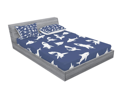 Ambesonne Shark Fitted Sheet & Pillow Sham Set, Fish Pattern Various Gestures Have a Bite Danger Humor Nautical Design, Decorative Printed 3 Piece Bedding Decor Set, Full, Violet Blue