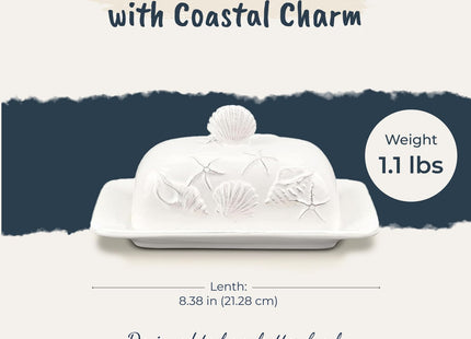 Blue Sky Clayworks Laguna Coastal Butter Dish, Ceramic, 8" L x 5.125" W x 3.375" H, Shell & Starfish Relief