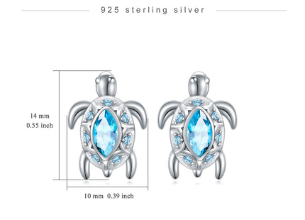 Sterling Silver Sea Turtle Studs with Simulated Aquamarine Birthstone, Sea Turtle Jewelry Gifts for Women