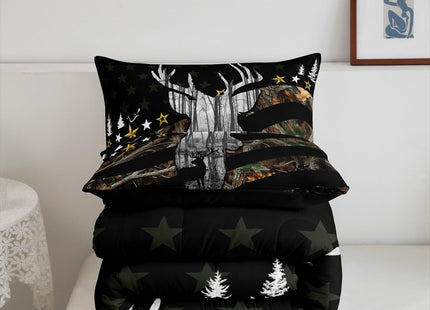 Deer Hunting Bedding Camo Antlers Bedding Comforter Sets for Boys Teens Youth Men Camouflage American Flag Comforter Set Wildlife Elk Moose Duvet Insert White Black Bedroom Decor 2 Pcs, Twin Size