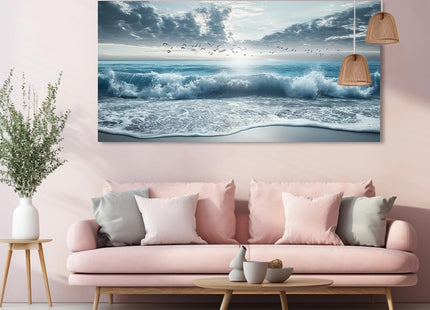 ZOMNAI Blue Ocean Beach Wall Art for Living Room Office Coastal Waves Canvas Painting Prints Art Deco Artwork Boys Bedroom Decor (20x40 Inches)