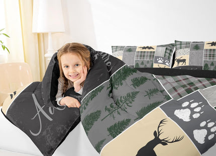 Christmas Farmhouse Cabin Comforter Set, Rustic Bear Deer Bedding Set Full Size Woodland Country Patchwork Quilt for Kids Teens Women, Grid Claw Wildlife Duvet Sets,2 Pillow Cases, Grey Green