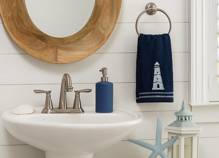 Coastal Guest Navy Fingertip Hand Bathroom Towels, White Lighthouse, 12x18"