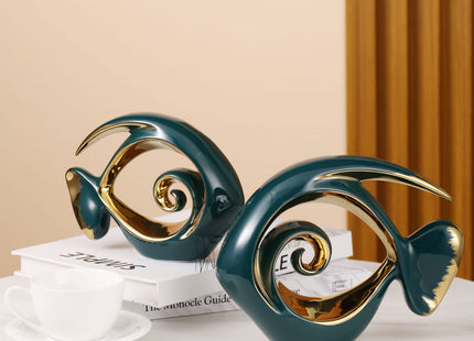 Green Gold Ceramic Fish Figurines - Coastal Home Decor, Modern Ocean Centerpieces for Living Room, Dining Area, Bathroom, Office, Coffee Table, Beach House, Nautical, Seaside, Entrance, Shelf Display